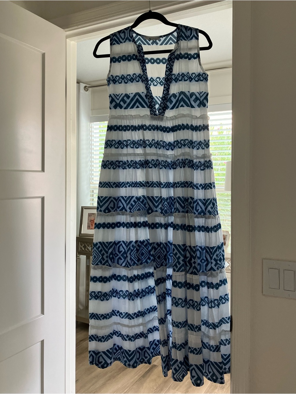 Sleeveless Blue & White Maxi Dress with Geometric Stripe